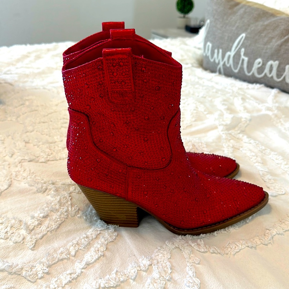 Red sparkle ankle cowgirl boot